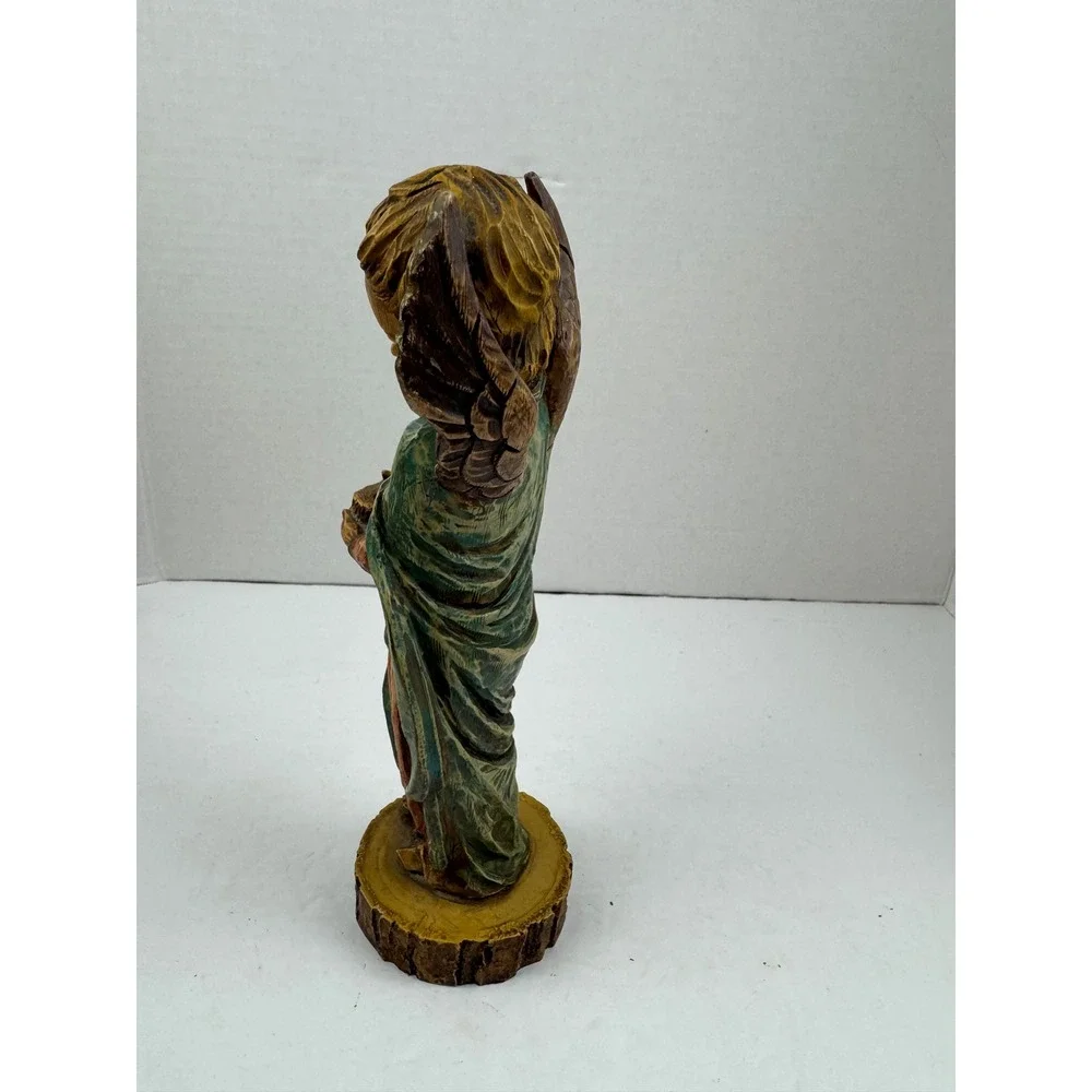 Vintage Hand Painted Angel Figurine Taper Candle Holder Rustic Wood Look Cherub